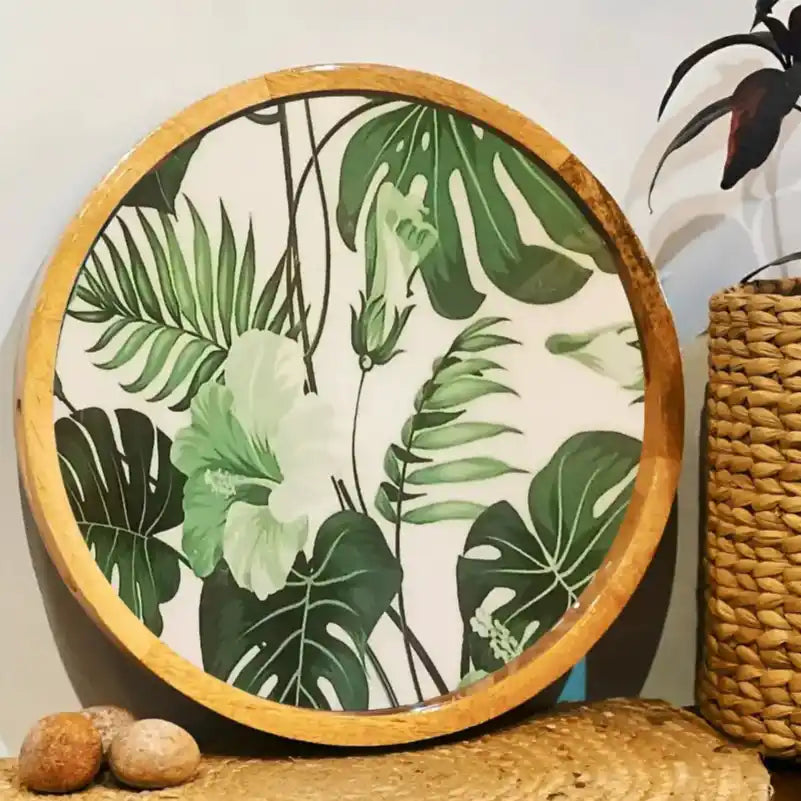Tropical Green Leaves Print Wooden Serveware
