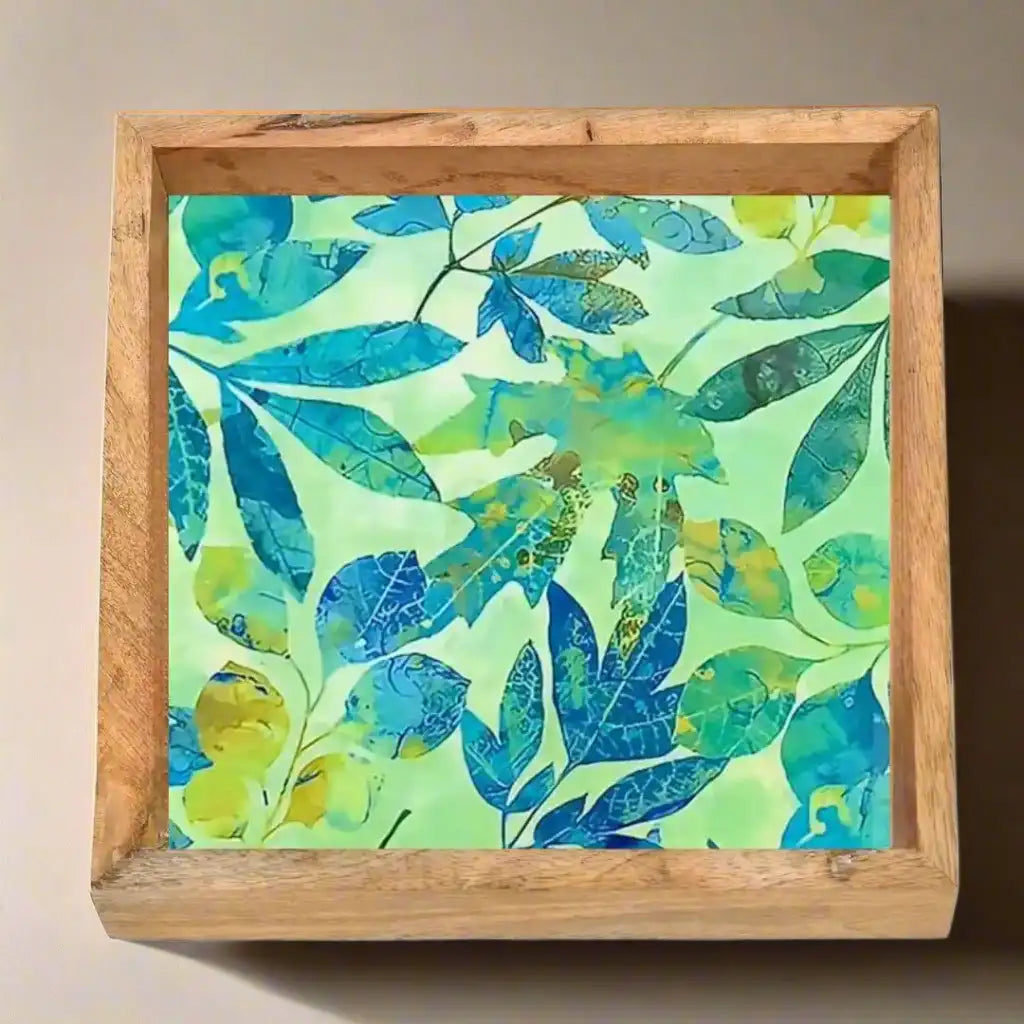 Tropical Green & Blue Leaves Print Wooden Serveware