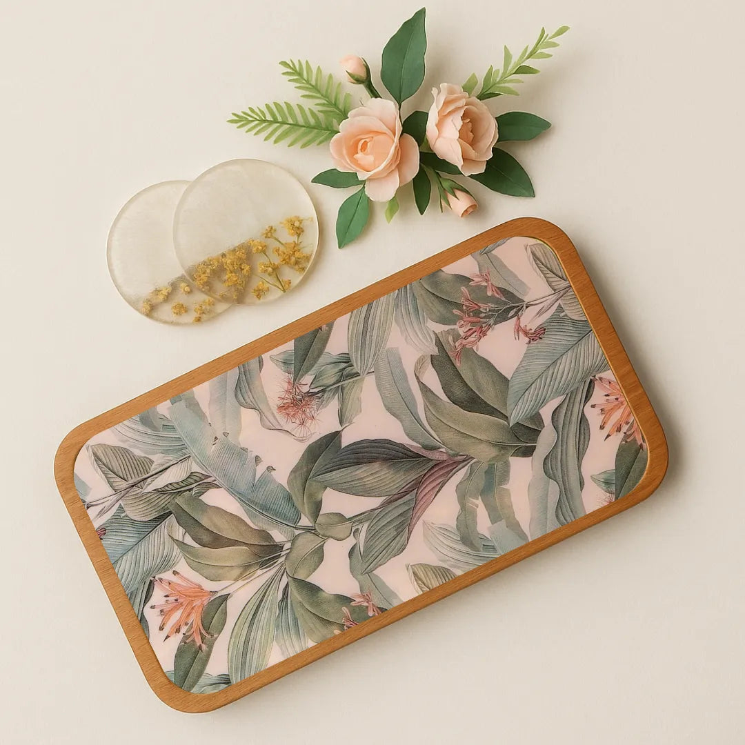 Elegant Green Leaves & Pink Flowers Print Wooden Serveware