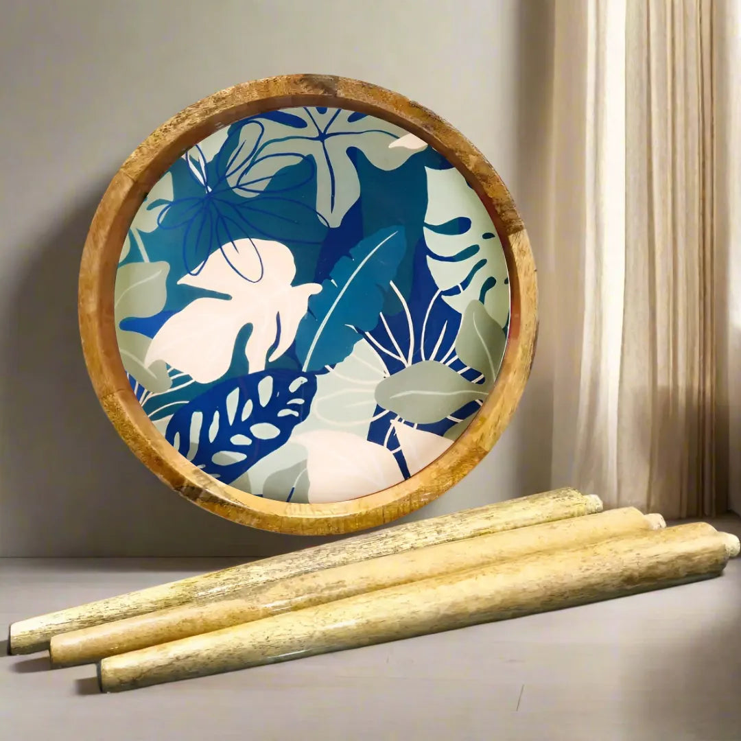 Elegant Wooden Navy Tropical Leaf Pattern Serveware