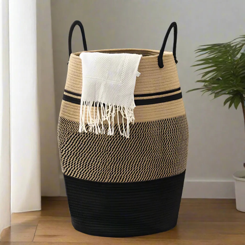 Black & Beige Natural Fiber Laundry Clothes Basket - Medium, Large