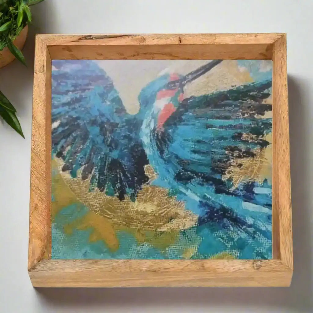 Elegant Blue Kingfisher Print Wooden Serveware