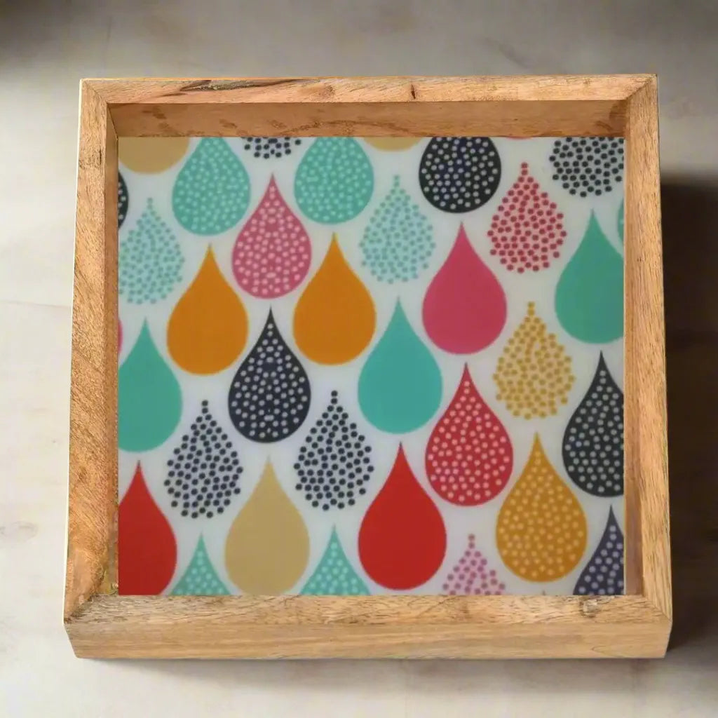 Multicolor Water Drops Pattern Wooden Serveware
