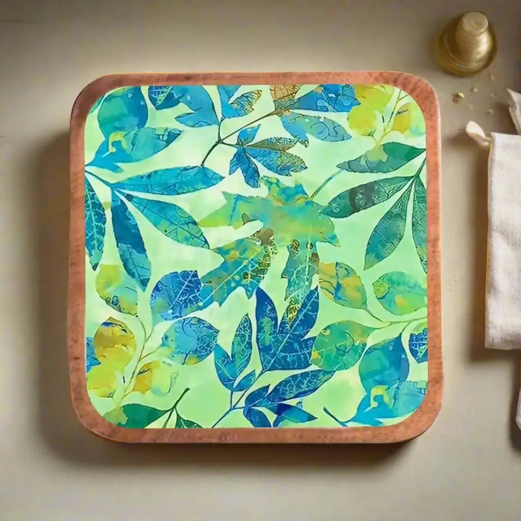 Tropical Green & Blue Leaves Print Wooden Serveware