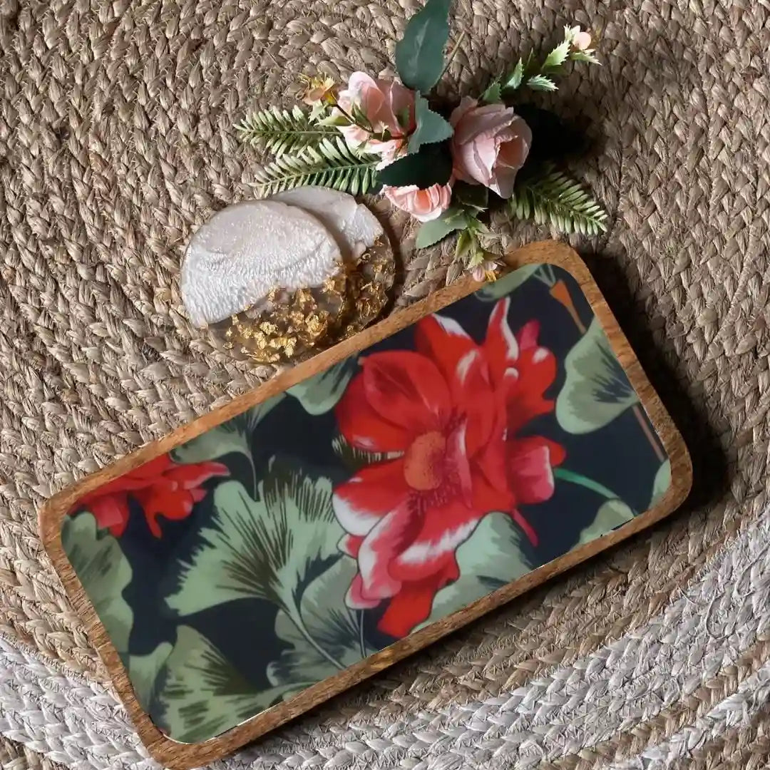 Beautiful Red & Green Floral Print Wooden Serveware
