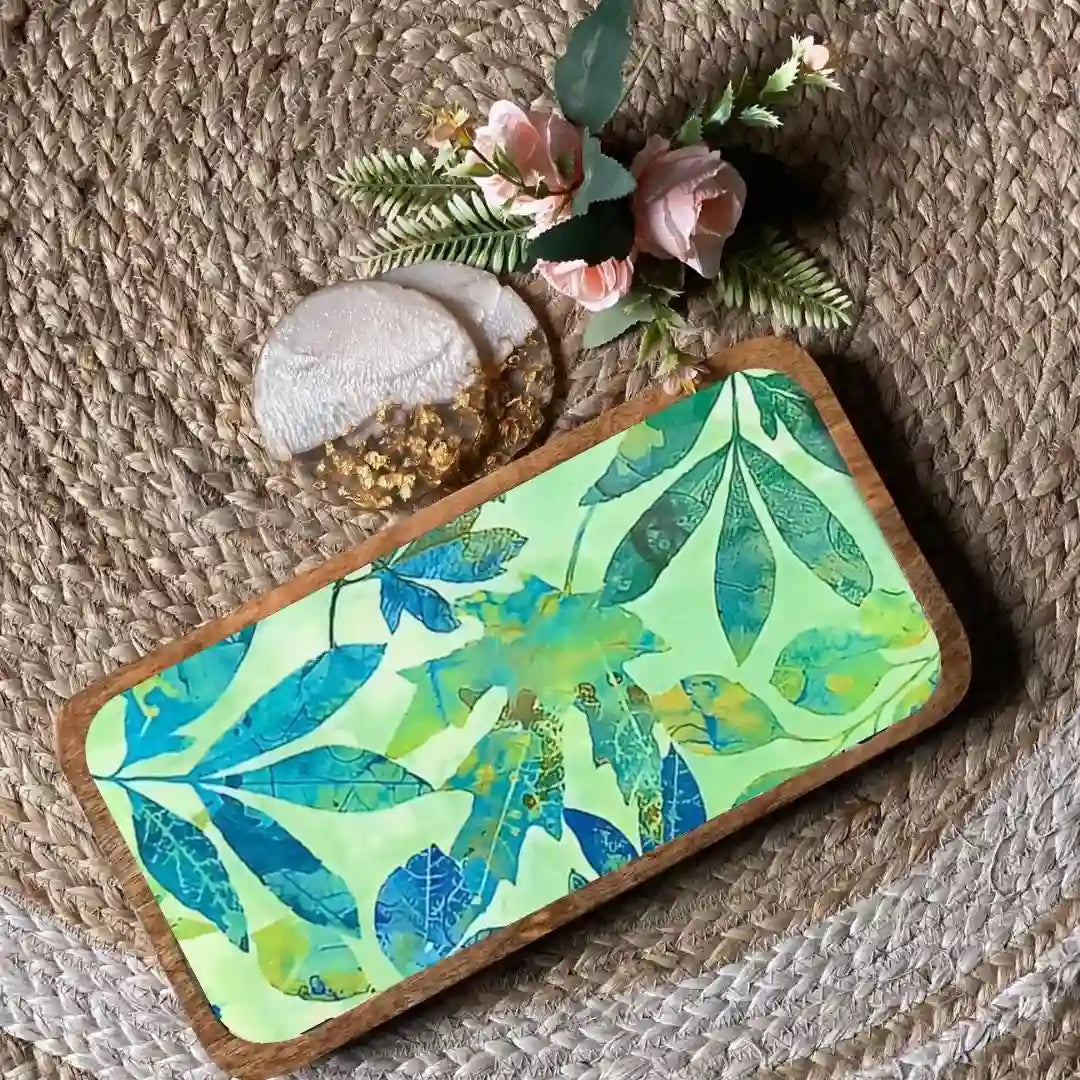 Tropical Green & Blue Leaves Print Wooden Serveware