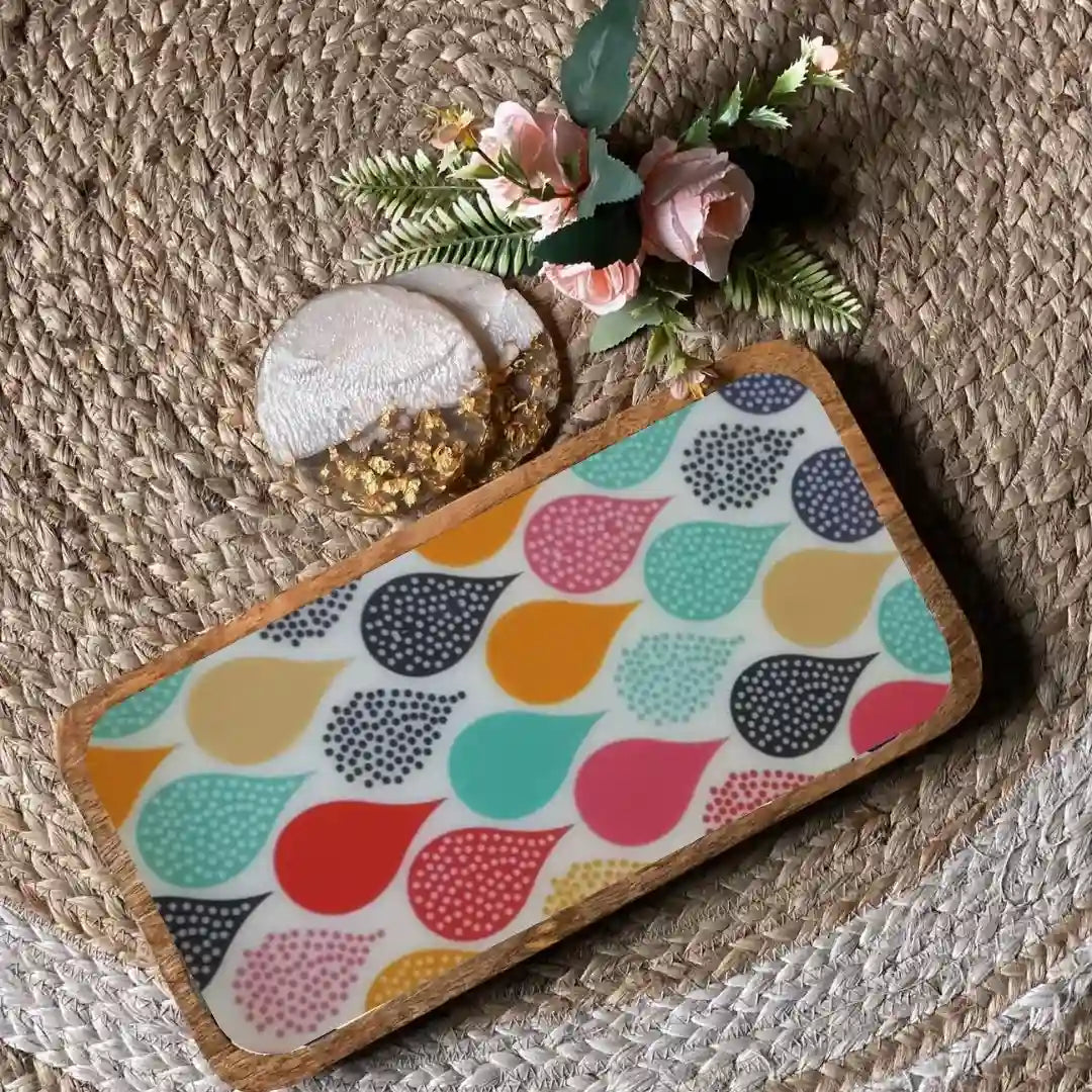 Multicolor Water Drops Pattern Wooden Serveware