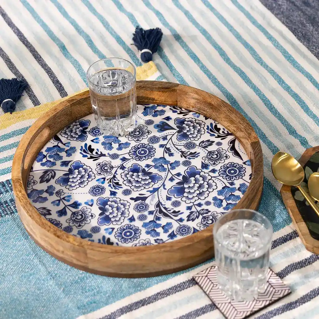 Elegant Blue Blossom Print Wooden Serveware