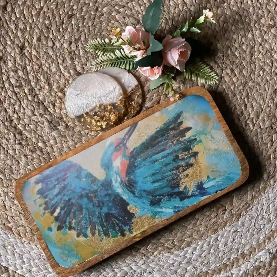 Elegant Blue Kingfisher Print Wooden Serveware