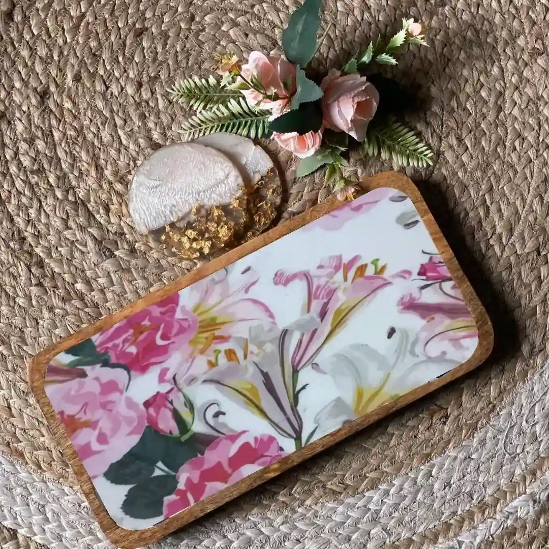 Lovely Pink & White Floral Print Wooden Serveware
