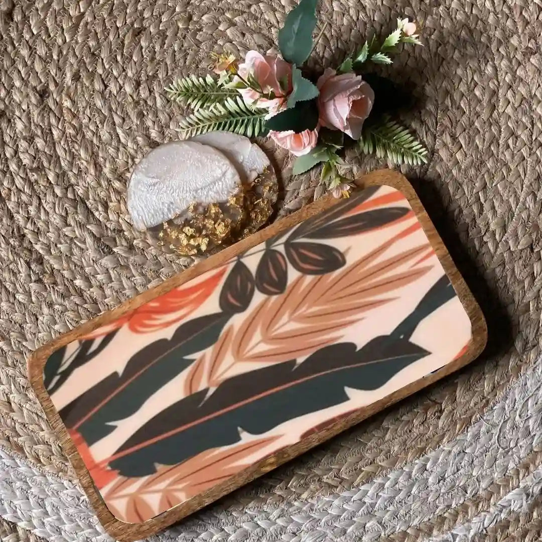 Orange Savanna Leaves Print Wooden Serveware