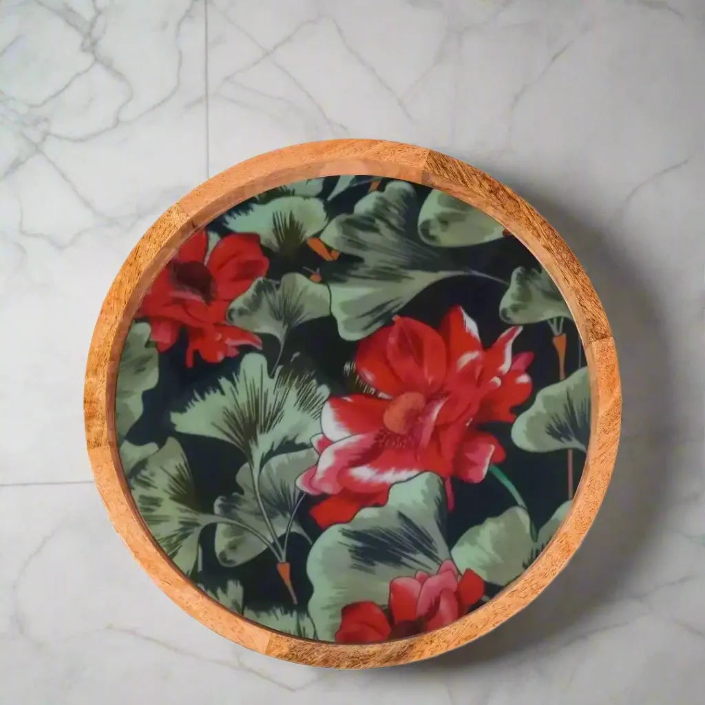 Beautiful Red & Green Floral Print Wooden Serveware