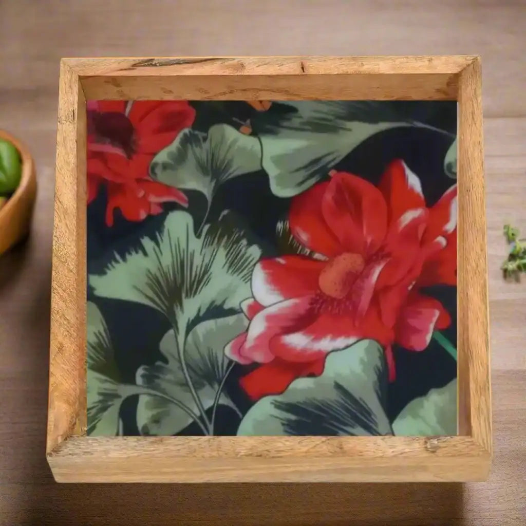 Beautiful Red & Green Floral Print Wooden Serveware