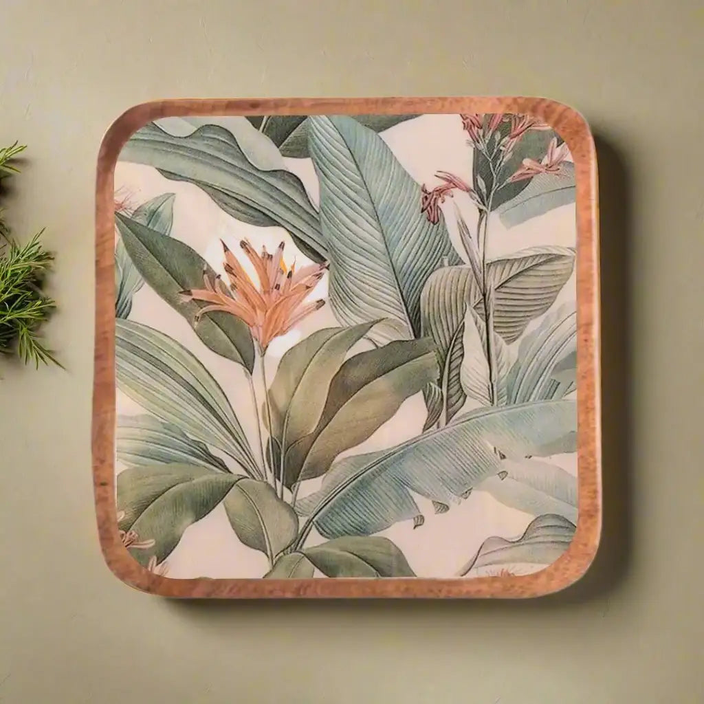 Elegant Green Leaves & Pink Flowers Print Wooden Serveware