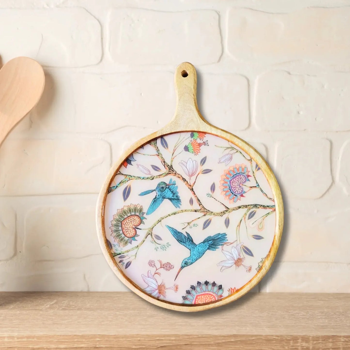 Attractive Birds & Flowers Print Wooden Serveware