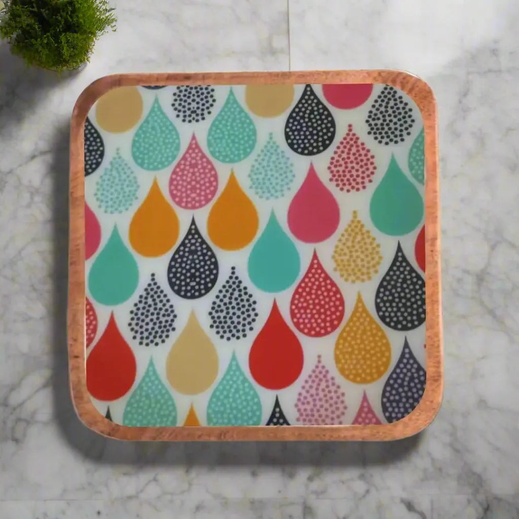 Multicolor Water Drops Pattern Wooden Serveware
