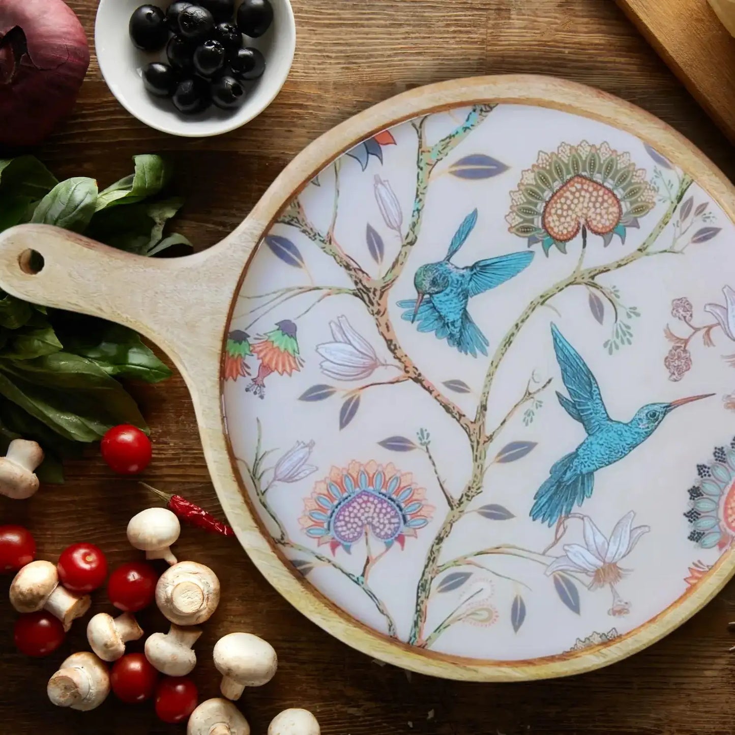 Attractive Birds & Flowers Print Wooden Serveware