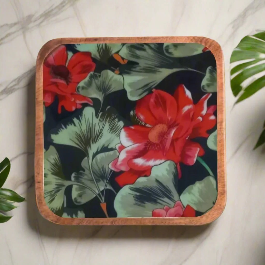 Beautiful Red & Green Floral Print Wooden Serveware