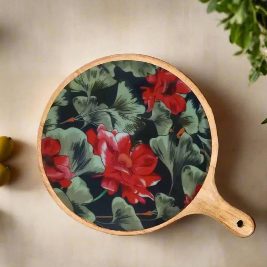 Beautiful Red & Green Floral Print Wooden Serveware