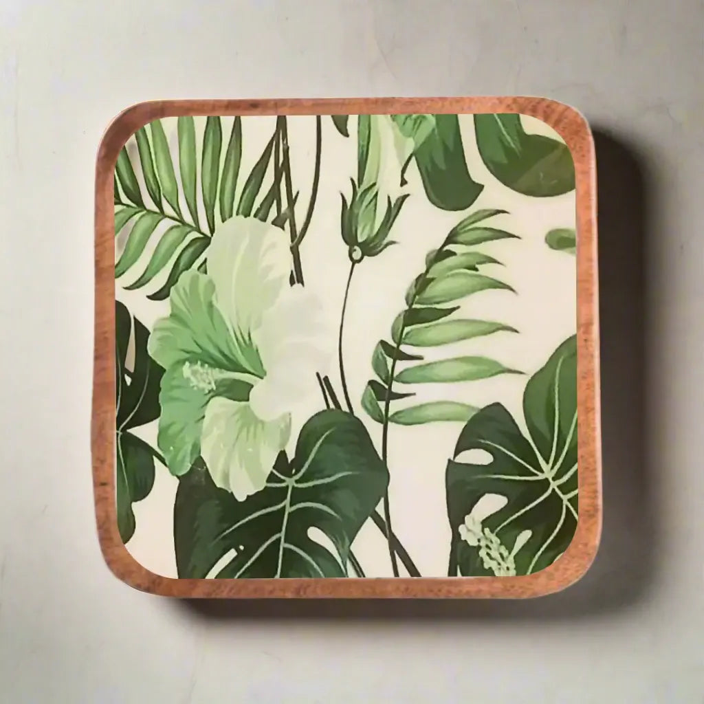 Tropical Green Leaves Print Wooden Serveware