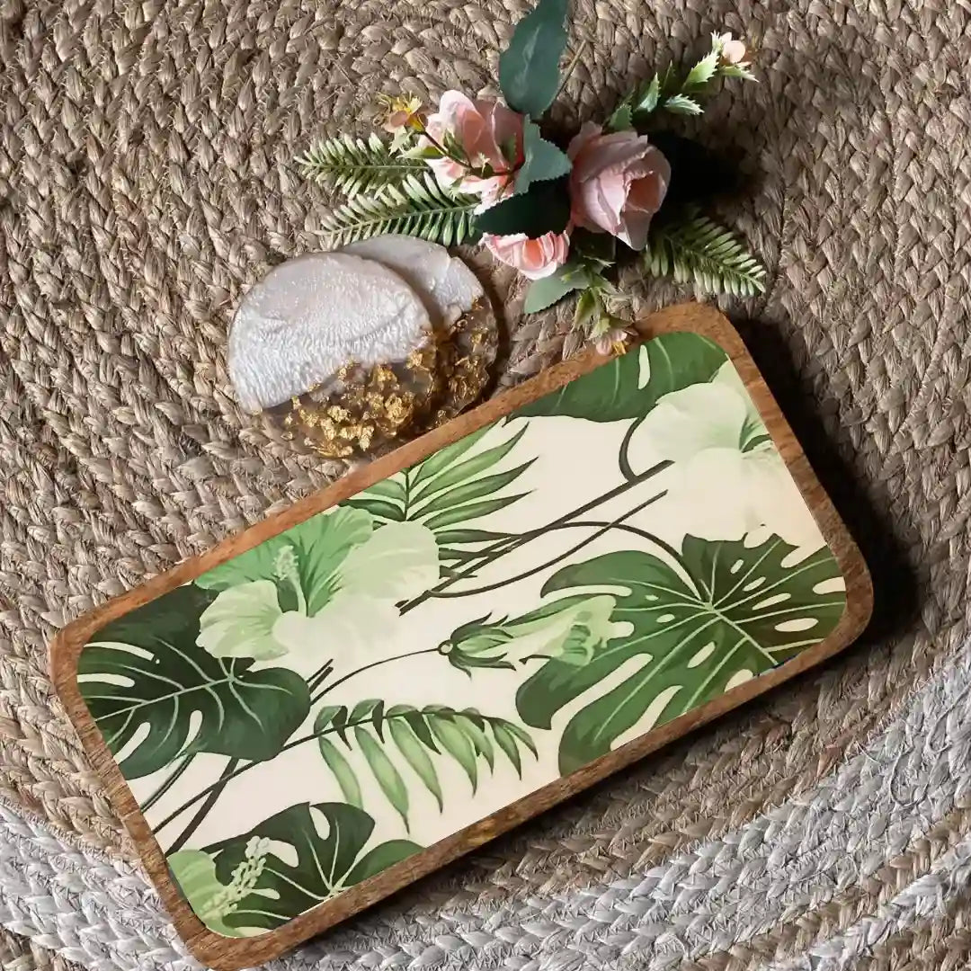 Tropical Green Leaves Print Wooden Serveware