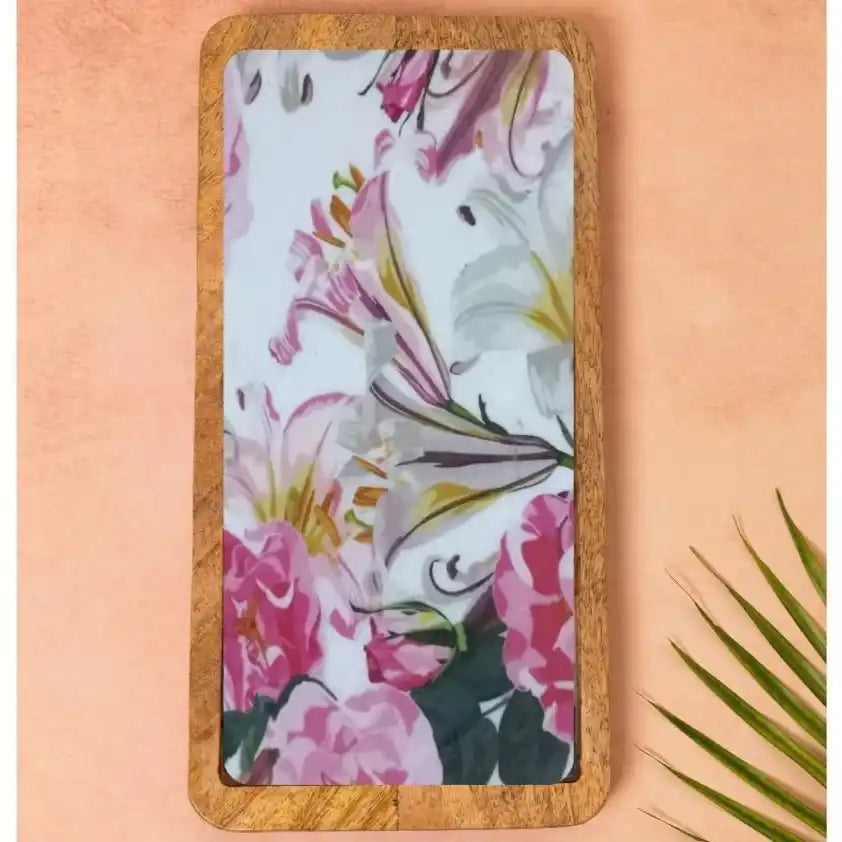 Lovely Pink & White Floral Print Wooden Serveware