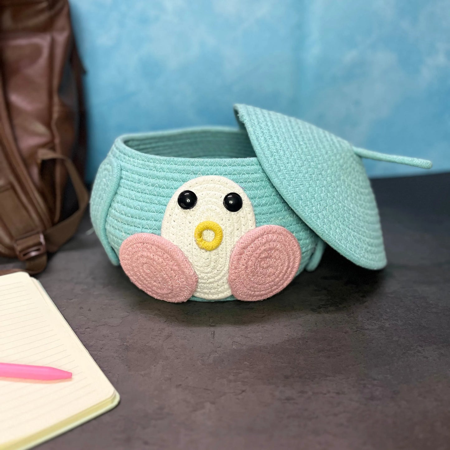 Blue Penguin Cotton Storage Basket with Lid