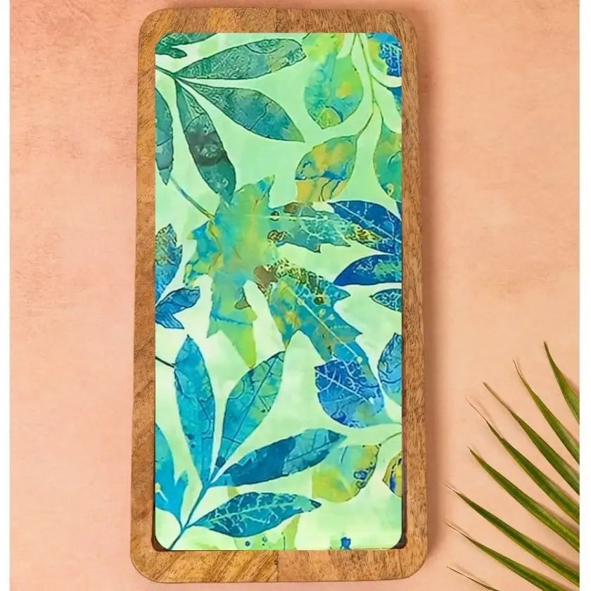 Tropical Green & Blue Leaves Print Wooden Serveware