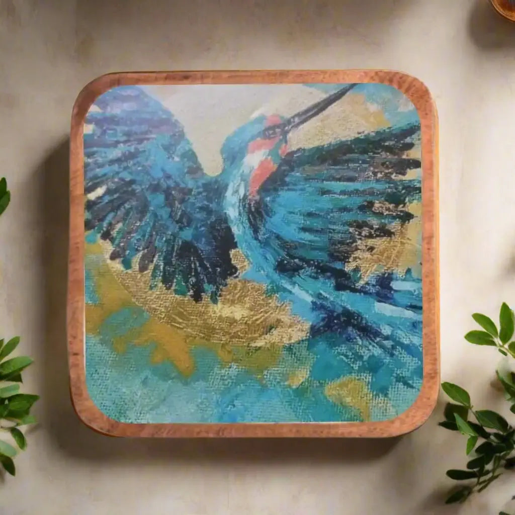 Elegant Blue Kingfisher Print Wooden Serveware