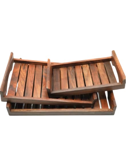 Sheesham Wood Serving Trays with Handles - Set of 3 - Small, Medium, Large