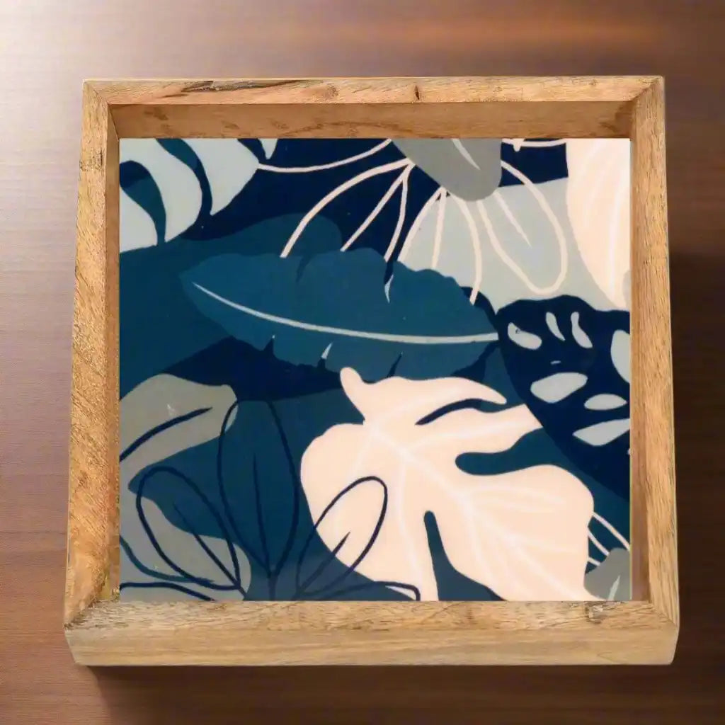 Elegant Wooden Navy Tropical Leaf Pattern Serveware