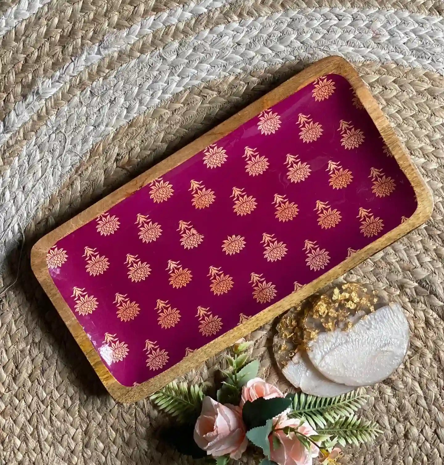 Crimson Floral Print Wooden Serveware