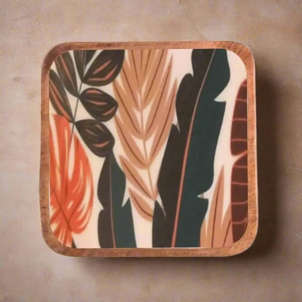 Orange Savanna Leaves Print Wooden Serveware