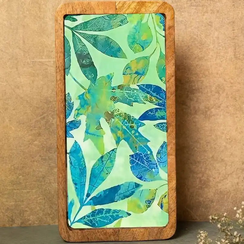 Tropical Green & Blue Leaves Print Wooden Serveware