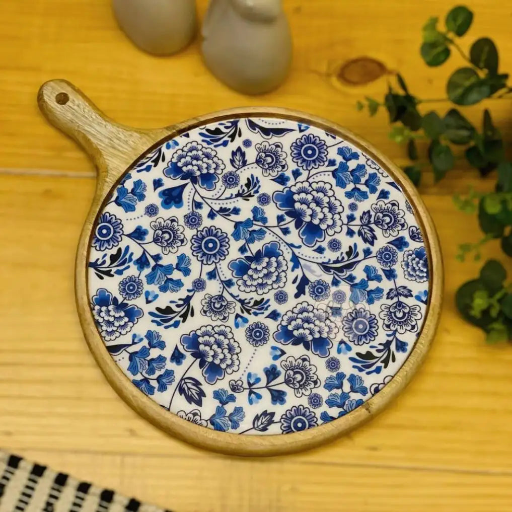 Elegant Blue Blossom Print Wooden Serveware
