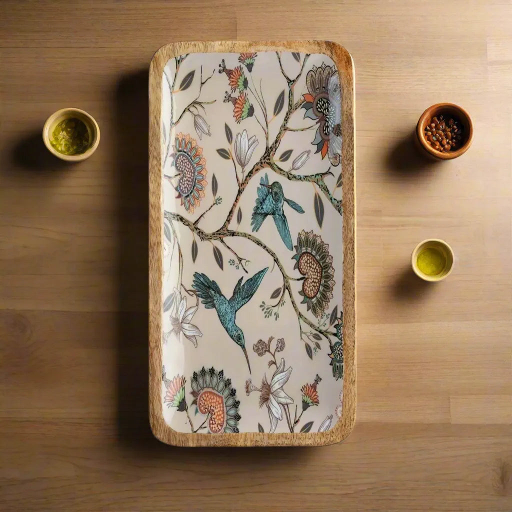 Attractive Birds & Flowers Print Wooden Serveware