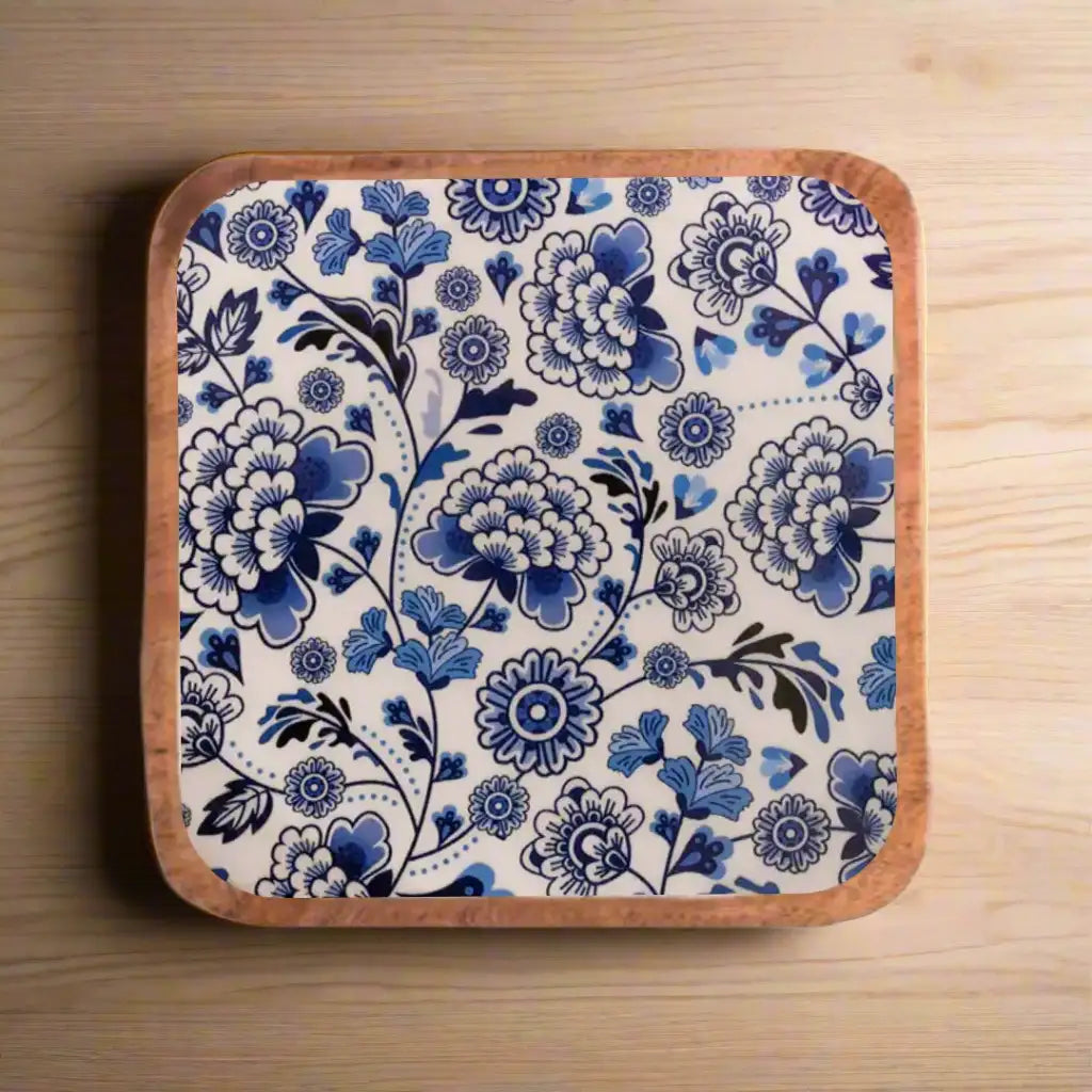 Elegant Blue Blossom Print Wooden Serveware