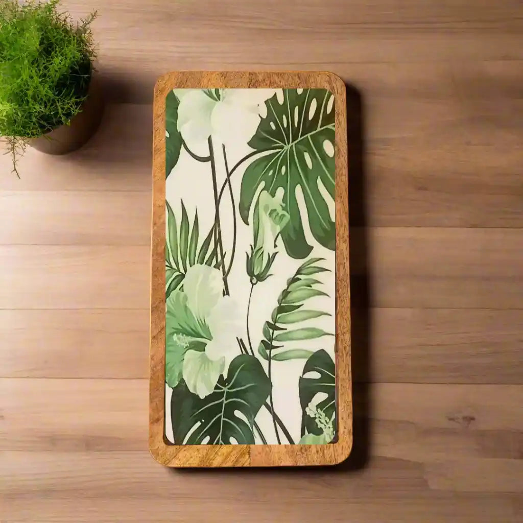 Tropical Green Leaves Print Wooden Serveware