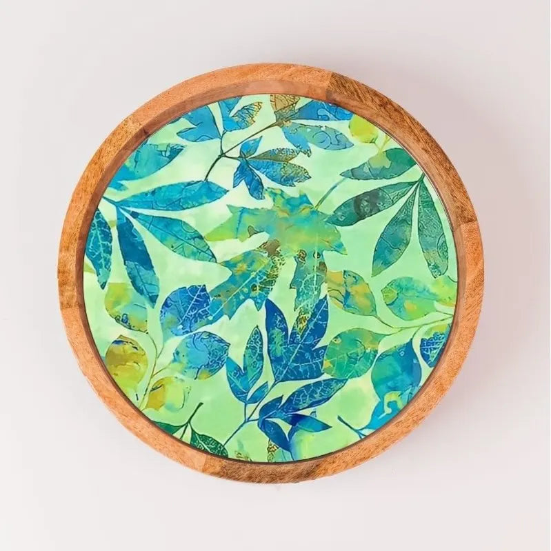 Tropical Green & Blue Leaves Print Wooden Serveware
