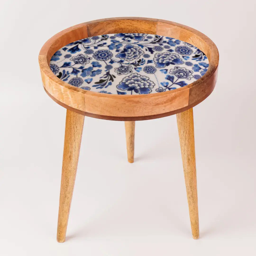 Elegant Blue Blossom Print Wooden Serveware