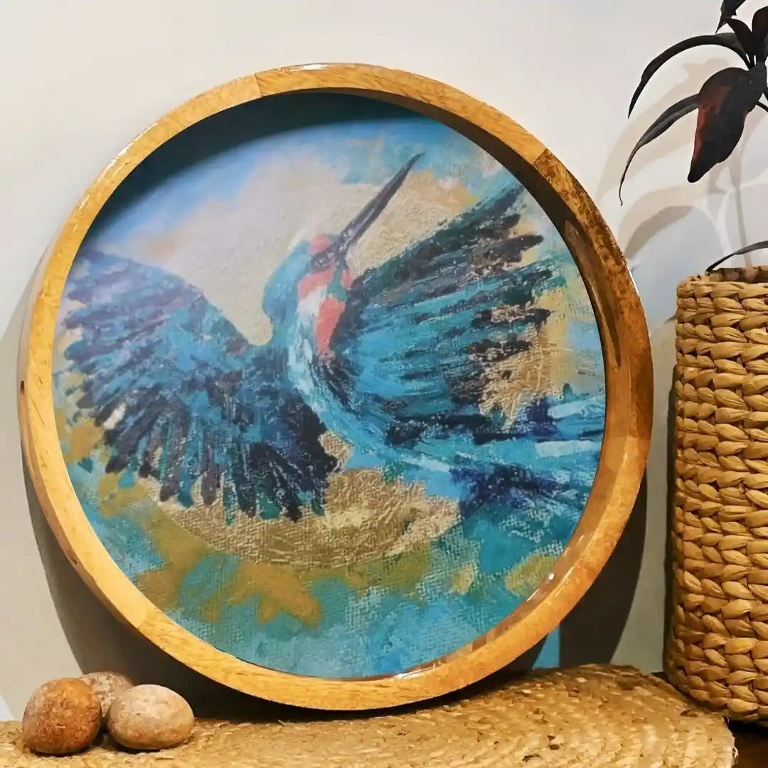 Elegant Blue Kingfisher Print Wooden Serveware