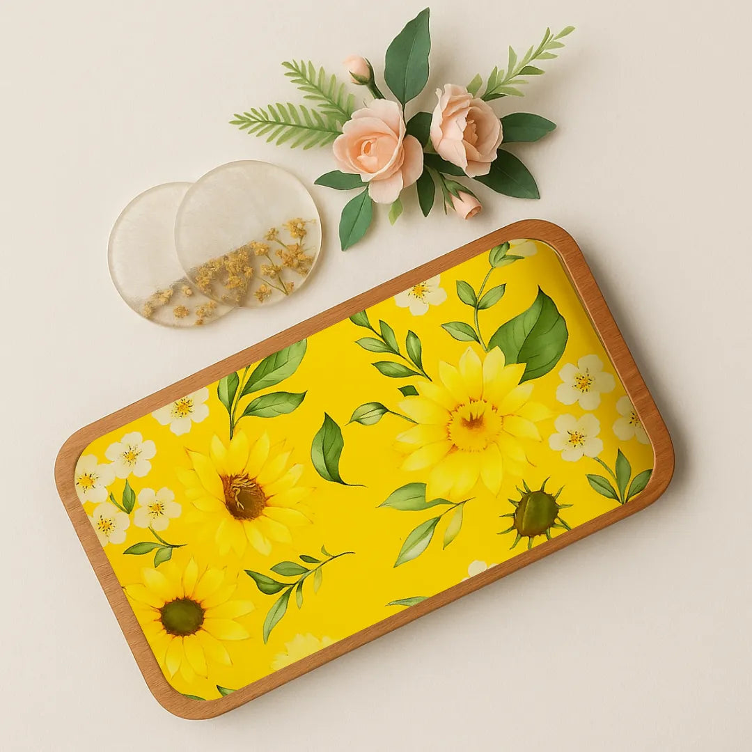 Beautiful Yellow Flowers Print Wooden Serveware