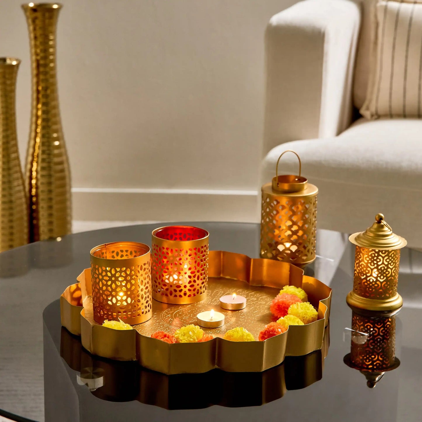 Festive Floral Golden Lotus Urli