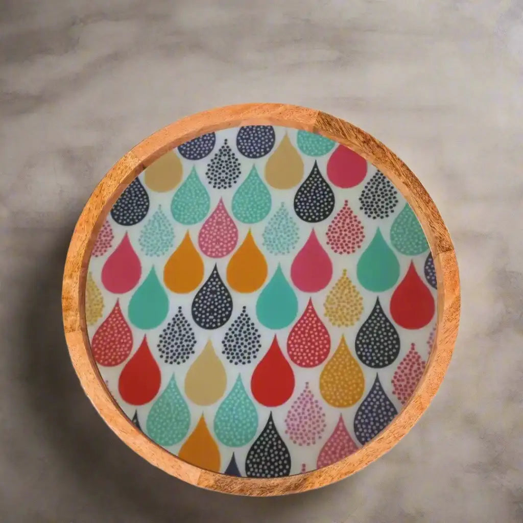 Multicolor Water Drops Pattern Wooden Serveware