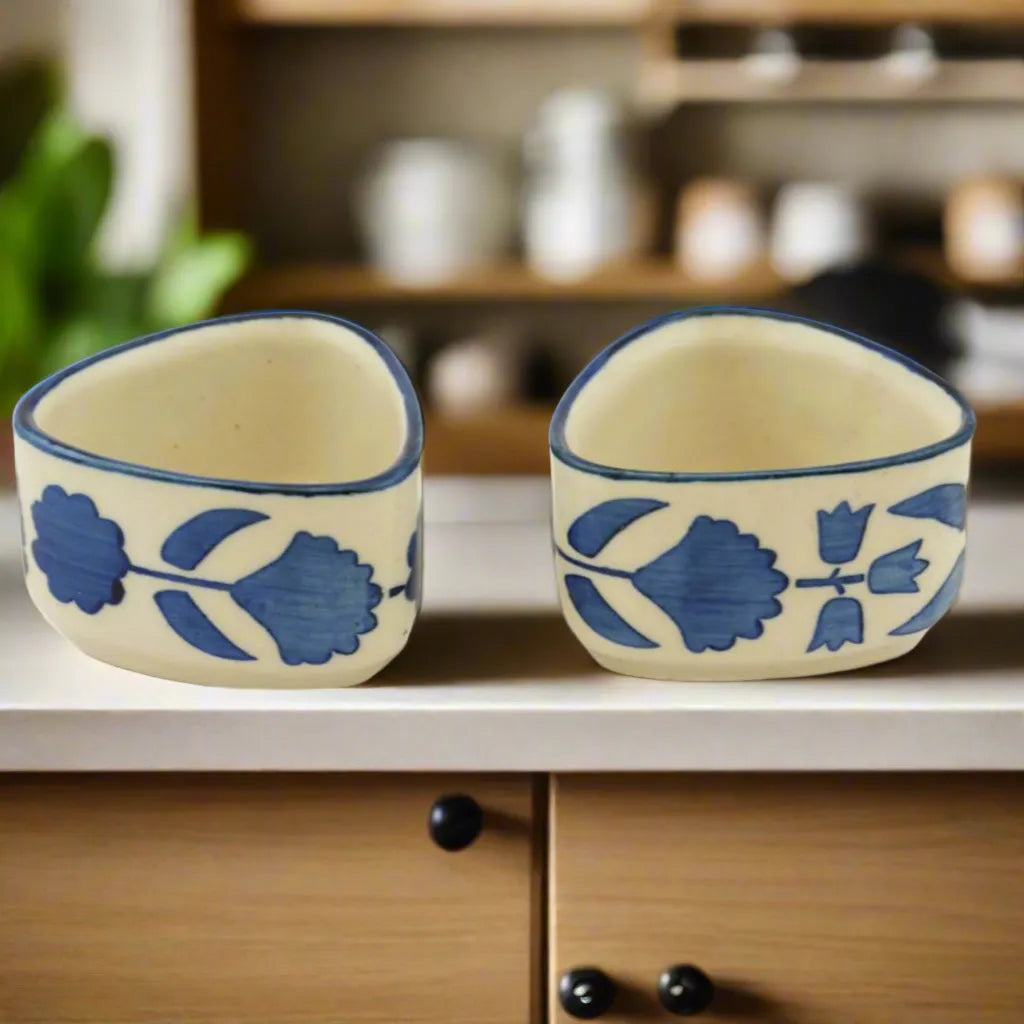 Blue & White Flower Design Hand Painted Ceramic Dip Bowls