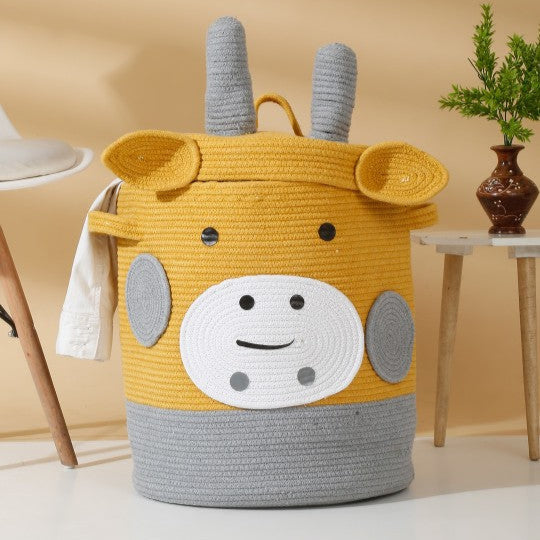 Yellow Cow Cotton Toy Storage Basket for Kids with Lid