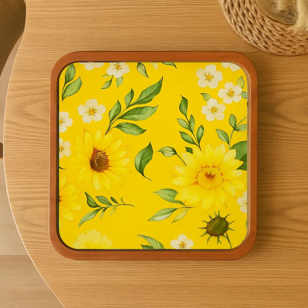 Beautiful Yellow Flowers Print Wooden Serveware