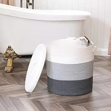 White, Grey & Black Portable Cotton Laundry Organiser With Lid - Small, Medium & Large