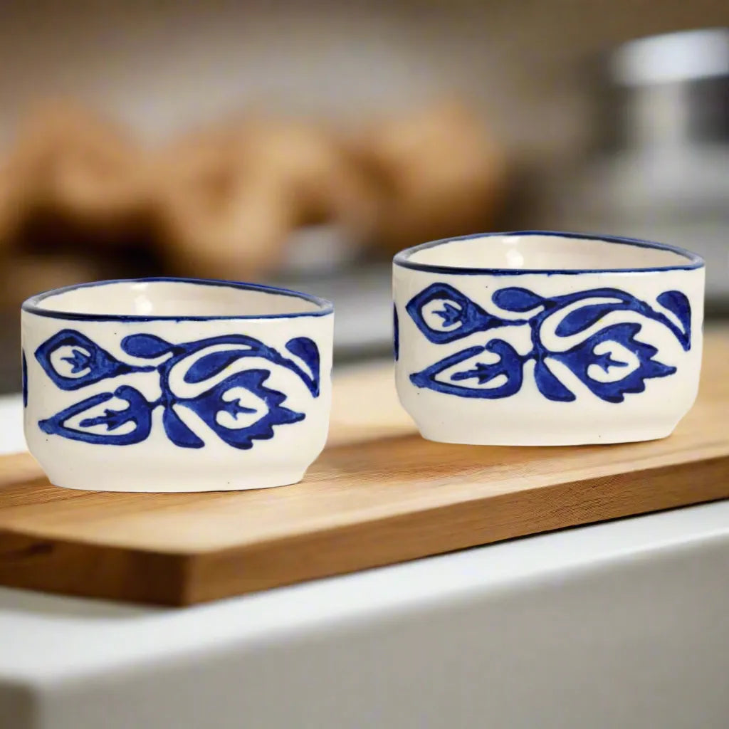 Blue & White Hand Painted Floral Ceramic Dip Bowls