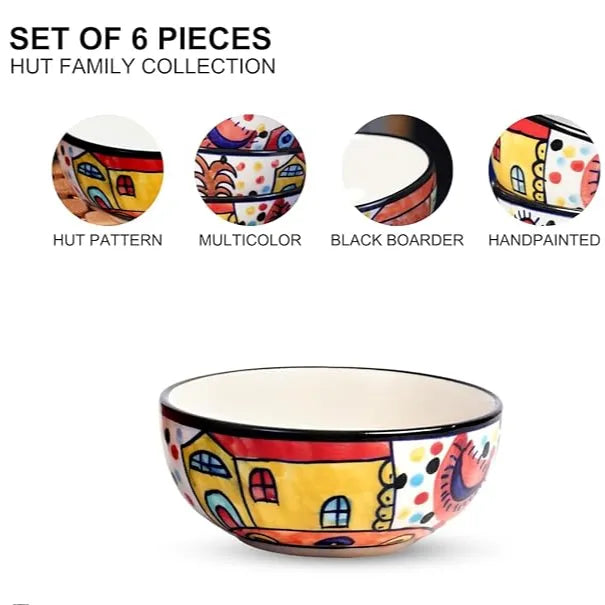 Hut Design Hand-Painted Glossy Ceramic Bowls - Set of 6 (180ml)